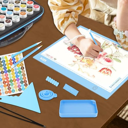 Mlife Diamond Art Painting Storage Boxes,1 Diamond Painting A4 Light Box Tracing Light Board with 3 Brightness, 80 Slots Bead Storage with 5D Diamond Art Accessories and Tools Kit（Blue） - color: blue