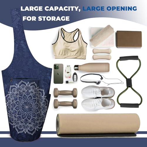 Yoga Mat Bag Carrier for Women Workout Large Waterproof with Zipper Pocket, Keychain and Wide Shoulder Straps - color: mandala