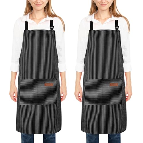 2 Pack Kitchen Cooking Aprons, Adjustable Bib Soft Chef Apron with 2 Pockets for Men Women - color: Black Stripes