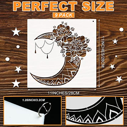Zubebe 9 Pieces Mandala Sun and Moon Wall Stencil 11 x 11 Inches Moon Sun Flower Mandala Tile Stencils Reusable Painting Templates with Metal Open Ring for DIY Scrapbooks Wood Home Painting