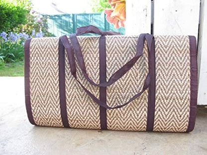 Handmade Woven Thai Beach Mat - Straw Ground Mat for Camping, Yoga, Meditation, Festivals, Concerts - Eco-friendly Reed - Foldable - 70 Inches x 35 Inches