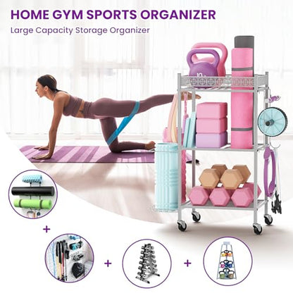 VOPEAK Home Gym Storage Rack, 3-Tier Yoga Mat Storage with Wheels & Hooks | 200 lbs steel rack with lockable casters & side hooks. 3-tier fits yoga mats & dumbbells — 10-min assembly - color: GRAY