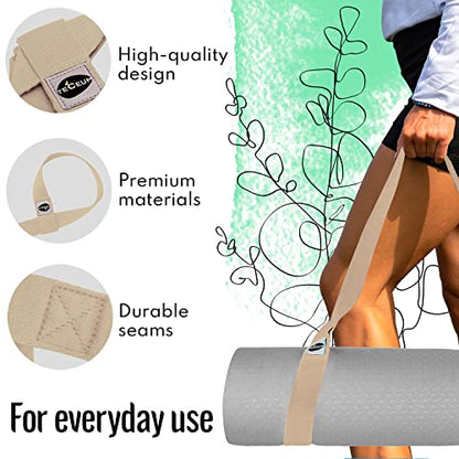 TECEUM Yoga Mat Strap – Extra Soft & Thick Cotton Carrier for All Mats - color: Beige, size: 64 IN