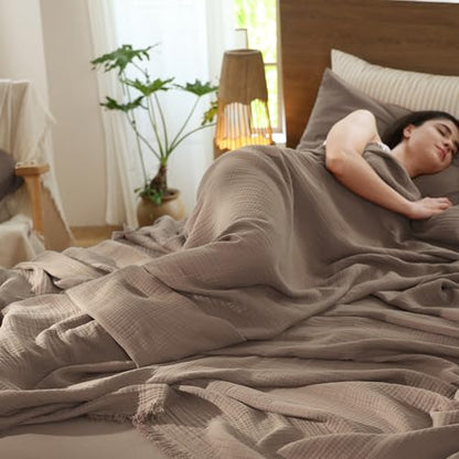 MooMee 100% Cotton Muslin Blanket Fringed 4-Layer Gauze Bed Throw, Queen - color: Brown, size: Queen