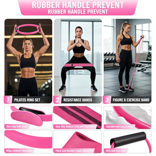 UZTUGG Pilates Equipment Kit at Home for Women, 4-in-1 Workout Essential Set with Pilates Ring, Fabric Resistance Bands, Figure 8 Resistance Band, Pilates Ball–Full Body Toning, Yoga & Stretching - color: pink pilates kit