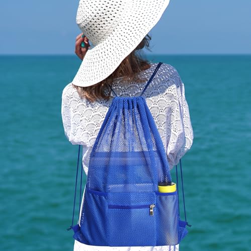 NATURAL STYLE Mesh Drawstring Backpack Bag, Gym Sports Bag with Zipper Pocket Bottle Holder, String Beach Bag for Swiming Travel (Blue) - color: Blue