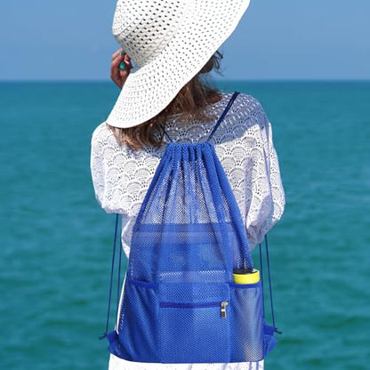 NATURAL STYLE Mesh Drawstring Backpack Bag, Gym Sports Bag with Zipper Pocket Bottle Holder, String Beach Bag for Swiming Travel (Blue) - color: Blue