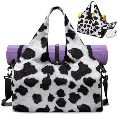 Gym Bag with Yoga Mat Holder Large Tote Bag With Multi Pockets for Women Men Dry Wet Separated Pocket Carryall Yoga Tote Bag for Pilates Travel Workout Office - color: Cow Leopard Print