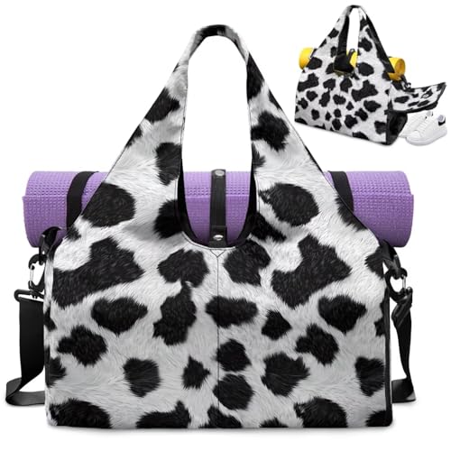 Gym Bag with Yoga Mat Holder Large Tote Bag With Multi Pockets for Women Men Dry Wet Separated Pocket Carryall Yoga Tote Bag for Pilates Travel Workout Office - color: Cow Leopard Print