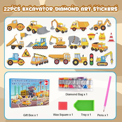 Labeol Diamond Art Kits for Kids Boys and Girls Ages 6-8-10-12 Easy to DIY Creative Diamond Art Sticker Craft by Numbers Kits for Kids and Adult Beginners (Engineering Vehicles) - style: Engineering Vehicles