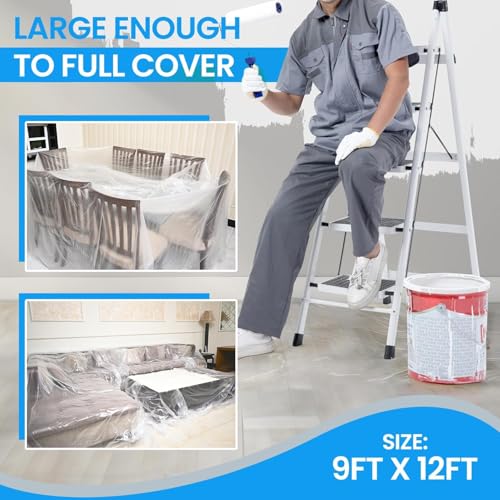 Dirt Defence Plastic Drop Cloth, 9x12 Ft 10 Pack Plastic Sheeting for Painting, Waterproof & Dust-Proof,Tear-Resistance Tarp for Painting, Floor, Furniture Cover Thick & Durable (10 PCS)