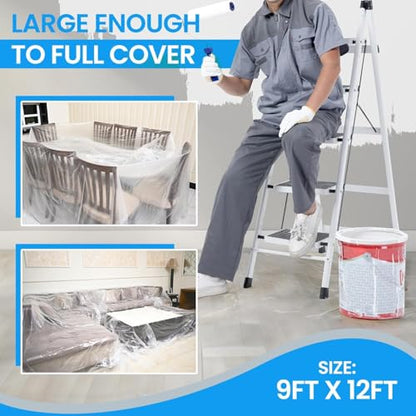 Dirt Defence Plastic Drop Cloth, 9x12 Ft 10 Pack Plastic Sheeting for Painting, Waterproof & Dust-Proof,Tear-Resistance Tarp for Painting, Floor, Furniture Cover Thick & Durable (10 PCS)