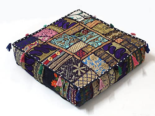 Mam Treasures Indian Bohemian Decorative Pillow Vintage Cushion Cover Patchwork Square Floor Pillow Cover Meditation Cushion Large Floor Pillow Indian Cushion (Dark Blue, 16 X 16 X 5 Inch) - color: Dark Blue, size: 16" x 16" (Pack of 1)