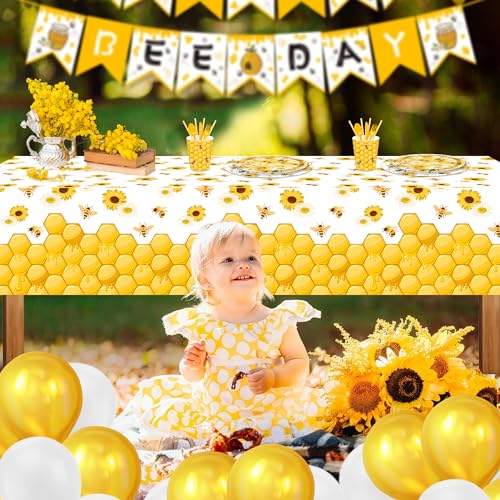 1Pc Bees Party Plastic Tablecloth 54 x 87 Inch Long Table Cover, Honey Sunflower Honeycomb Daisy Party Tablecover for Bee Kids Baby Shower Birthday Dinner Picnic Kitchen Event - color: Bees