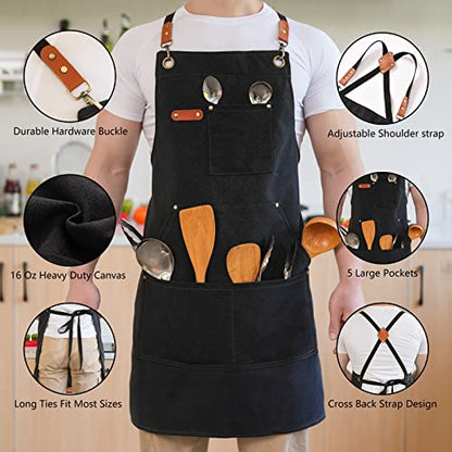 Aoomzoon Canvas Aprons for Men Chef Apron, Work Apron with Large Pockets - 16oz Heavy Duty Cross Back, BBQ, Cooking - color: Black②