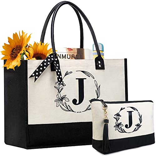BeeGreen Embroidery Monogram Initial Tote Bag for Women Teacher Mom Friend Personalized Gift for Birthday Beach Work Wedding - color: White Lily, style: J
