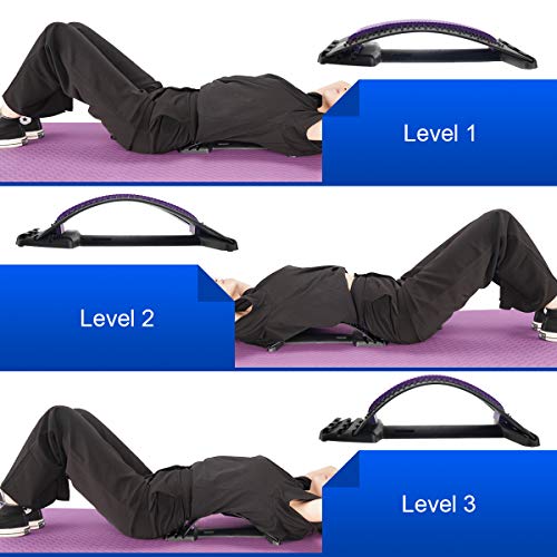 HONGJING Back Stretcher with Acupressure Massage for Lumbar Pain Relief | 3 Level Adjustable Arch Back Cracker Board Lower Back Traction, Great for Herniated Disc, Sciatica, Scoliosis - color: Purple