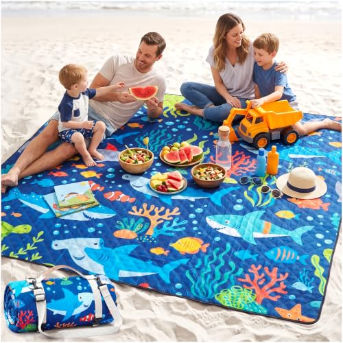 Genovega Waterproof Beach Blanket Picnic Outdoor Play Floor Mat Playmat Teen Boy Gift Trendy Stuff Teenage Age 4 5 6 7 8 9 10 11 12 13 14 15 Year Old Little Kids Young Men Son Godson Birthday - color: Ocean Shark