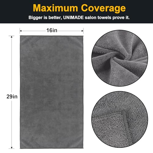 UNIMADE Salon Towels 24 Pack, Super Soft Microfiber Gym Towels | Highly Absorbent Hair-Drying Cloth for Gym, Bath, Spa Use and Home Beauty Care - Grey (16x29 inch) - color: Grey, size: 24PK