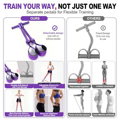 Pedal Resistance Bands with Handles, Separated 8-Tube Multifunction Exercise Bands, Yoga Tension Rope, Natural Rubber Elastic Equipment for Abdomen, Waist, Arm, Leg Stretching - color: Purple