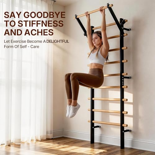 GMWD Swedish Ladder, Stall Bar, Suspension Trainer with Pull-Up Bar and Dip Bar Attachments, Wooden Stall Bar with 9 Strategic Rods for Core Strengthening and Stretching Balanced for Body Exercises