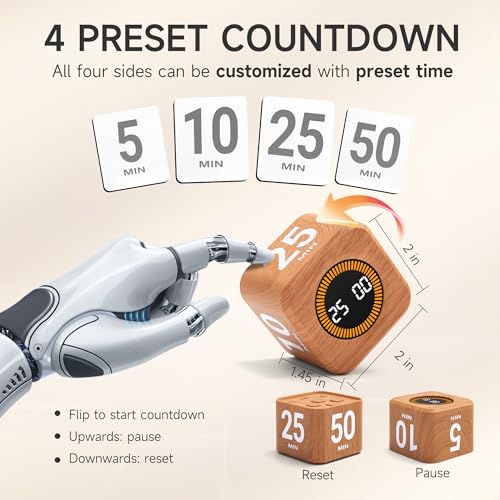 Rotating Productivity Cube Timer, 5/25/10/50 Min Presets, Wood Grain | Gravity sensor with mute function; ADHD-friendly desk timer for work, study, kitchen and back to school - color: Wood Grain Finish