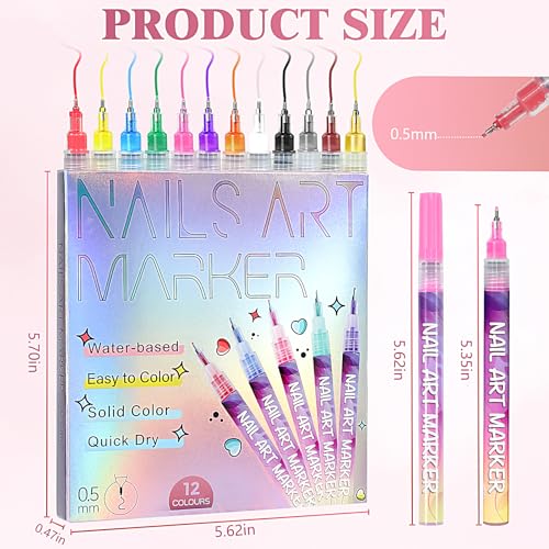 12 Colors Nail Art Pens, 0.5mm Fine Tip 3D Acrylic Polish Pen Set, Waterproof Quick-Drying Dotting Graffiti Drawing Liner Brush, DIY Nail Art Design Manicure Tools for Beginners Women Home Salon