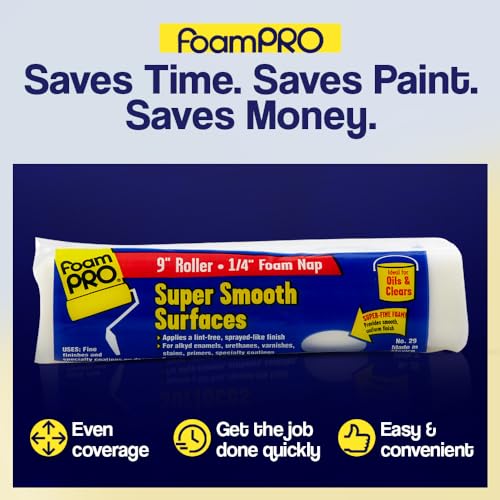 FoamPRO 29 Foam Paint Roller, 9" x 1/4" - Smooth Surface Foam Roller for Doors, Cabinets, & Metal - High Density Foam for Oil & Water-Based Paints - Streak-Free, Lint-Free Results - 1 Piece - size: 9" x 1/4", style: Smooth Finish