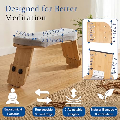 Adjustable Meditation Bench with Cushion, Portable Folding Bamboo Meditation Stool, Ergonomic Kneeling Stool Chair, Portable Yoga Bench Seiza Prayer Bench with Carry Bag & Non-Slip Pads