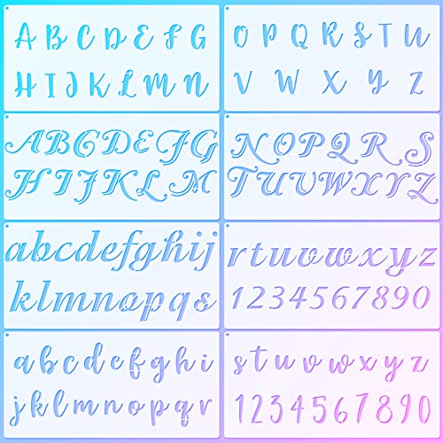 8 Pieces Calligraphy Letter Number Stencil Reusable Template Cursive Alphabet Cake Stencils with Metal Open Ring for Cake Airbrush Art and Craft Painting (7.8 x 3.9 Inch)