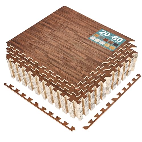 Sorbus Interlocking Wood Grain Foam Floor Tiles (20 Pack, Brown) | 3/8-inch EVA floor mats with borders suit playrooms, basements and home gyms, plus trade show flooring and dance areas. - color: Brown, size: 20 Pack