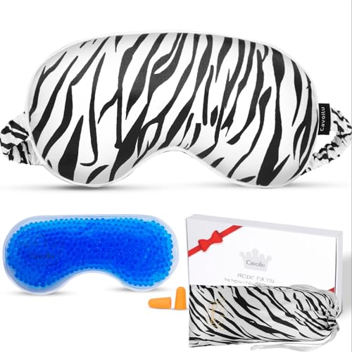Sleep mask w/Cooling Gel Eye Mask, Heated Eye Mask for Sleeping, Reusable Ice Silk Stain Eye Cover Sleeping Mask for Travel, Home, Office, Yoga, Total Blackout, Stocking Stuffer (Zebra) - color: White-zebra