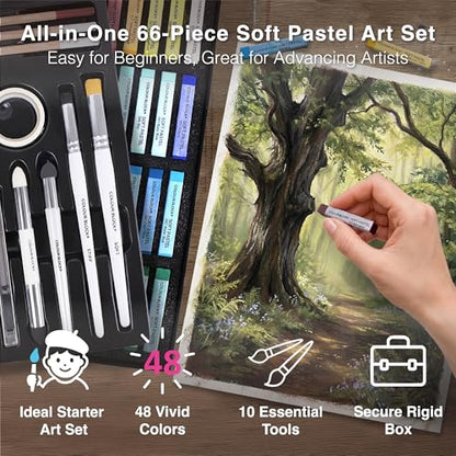 COLOUR BLOCK Soft Pastels All-in-One Art Set 66 PCS, 48 Nature Spectrum Colors Square Chalk Pastels, Blending Tools, Pencils, Brushes, Palette Knife, Pad for Beginners and Professional Artists