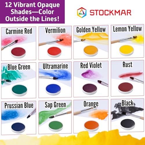 STOCKMAR Opaque Color Box - Set of 12 paints, Includes Opaque White Paint Tube, Brush, and Palette- Waldorf Art Supplies