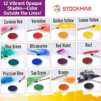 STOCKMAR Opaque Color Box - Set of 12 paints, Includes Opaque White Paint Tube, Brush, and Palette- Waldorf Art Supplies