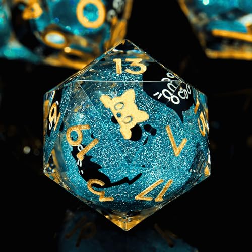 Froggod Liquid Core Cat DND Dice Set 7Pcs with Box- Sharp Edge D&D Dice with Gift Box, for Dungeons and Dragons RPG MTG D and D Role Playing Resin Blue Cathead - color: Cathead-blue