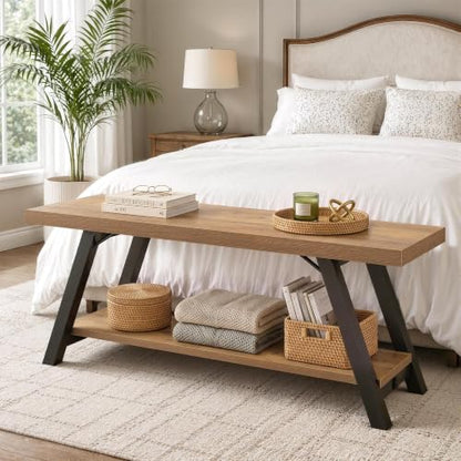 LVB Entryway Bench with Storage, Wood Bench for Entryway, 47 in - color: Rustic Oak