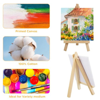 18 Pack Mini Canvases with Easels - 4x4 Inches Small Art Canvas Set for Adult Acrylic Pouring Oil Water Color