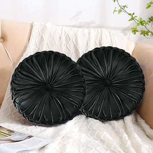 HIG Set of 2 Black Velvet Decorative Round Pleated Throw Pillows - color: Black