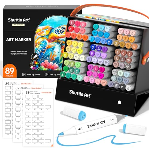 Shuttle Art Brush Tip Alcohol Markers, Dual Tip Brush & Fine Tip Art Marker Set, 89 Colors Marker Pens with Organized Case Perfect for Illustration Kids Students Adults Coloring Sketching - color: 89 Colors Brush Tip
