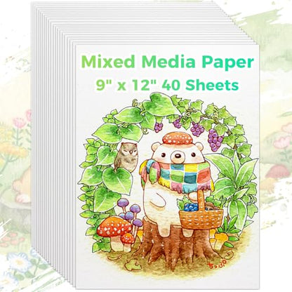 Mixed Media Paper 9" x 12",40 Sheets Multipurpose White Loose Drawing Paper | 98 lb/160 gsm Heavyweight Art Paper for Sketching, Sketch Book, Gouache, Painting, Sketchbook, Drawing Pad Book, School - size: 9" x 12", 40 sheets, style: loose mixed media dra