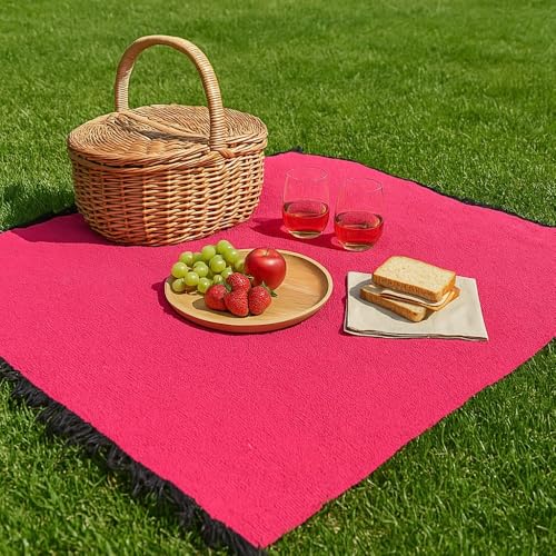 Open Road Goods Solid Color Mexican Yoga Blanket – Large Handwoven Throw for Yoga, Beach, Camping or Home – Soft and Durable Cotton Blend - color: Hot Pink
