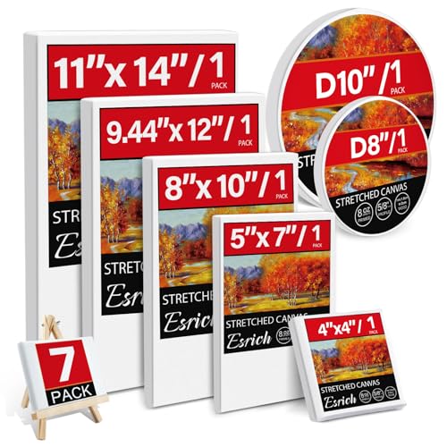 7 Pack Stretched Canvases for Painting, Multi Size 11x14, 9.44x12, 8x10, 5x7, 4x4, Round Canvas with 8x8, 10x10, Primed Blank Canvas for Oil, Acrylic Paint, Beginner, Artist - size: 7 Packs - 7 Sizes (1 of Each)