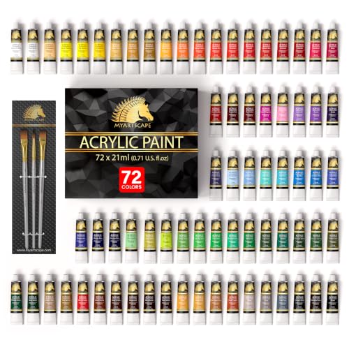 MyArtscape 72 x 21ml Heavy Body Acrylic Paint Set with 3 Brushes | Richly pigmented heavy body acrylics with 3 brushes for canvas, wood, ceramics & crafts