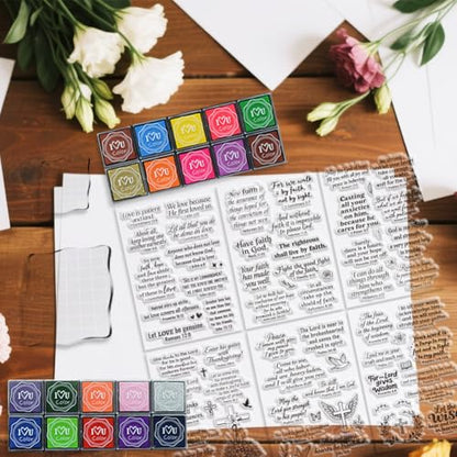 6Pcs Christian Bible Verse Clear Stamps for Card Making Easter Blessing 20 Craft Ink Pad 3 Acrylic Stamp Block Silicone Stamp with Greeting Words Rubber Stamps for Crafting DIY Scrapbooking - style: 29Pcs Biblical Blessings Clear Stamps