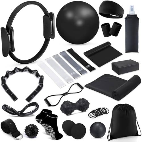 Halloscume 24 Pcs Pilates Kit, Home Pilate Equipment for Women, Pilates Ring and Ball Set with Stretching Strap, Water Bottle, Magic Circle, Yoga Ring, Gym Bag, Resistance Band, Anti Slip Sock - color: Black