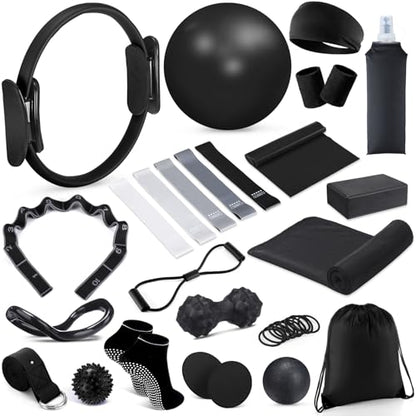 Halloscume 24 Pcs Pilates Kit, Home Pilate Equipment for Women, Pilates Ring and Ball Set with Stretching Strap, Water Bottle, Magic Circle, Yoga Ring, Gym Bag, Resistance Band, Anti Slip Sock - color: Black