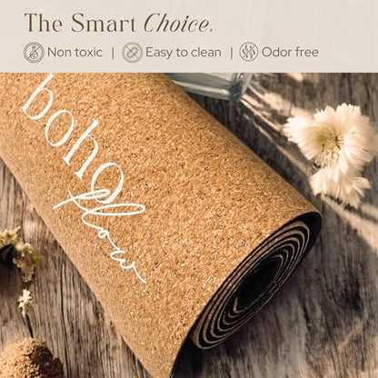 Premium Cork Yoga Mat Large 72"x26" – 5mm Thick Natural Rubber Cushioning - Non Slip Grip for Hot Yoga - Non-toxic & Odor-free - Stylish Alignment Lines & Elegant Boho Yoga Bag