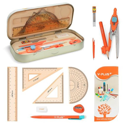 YPLUS Geometry Set, Protractor and Compass Set for Students, 12Pcs | Compass Drawing Tool with Metal Case, Rulers, Protractor, Mechanical Pen, Back to School Supplies for Students - size: 1 Count (Pack of 12)