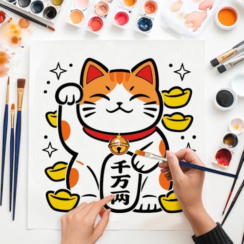 MAYJOYDIY 2 Styles Maneki Neko Fish Stencils Reusable Template with Paint Brush Cat 11.8×11.8" for Home Decoration Wood Wall Canvas Furniture - style: Maneki Neko